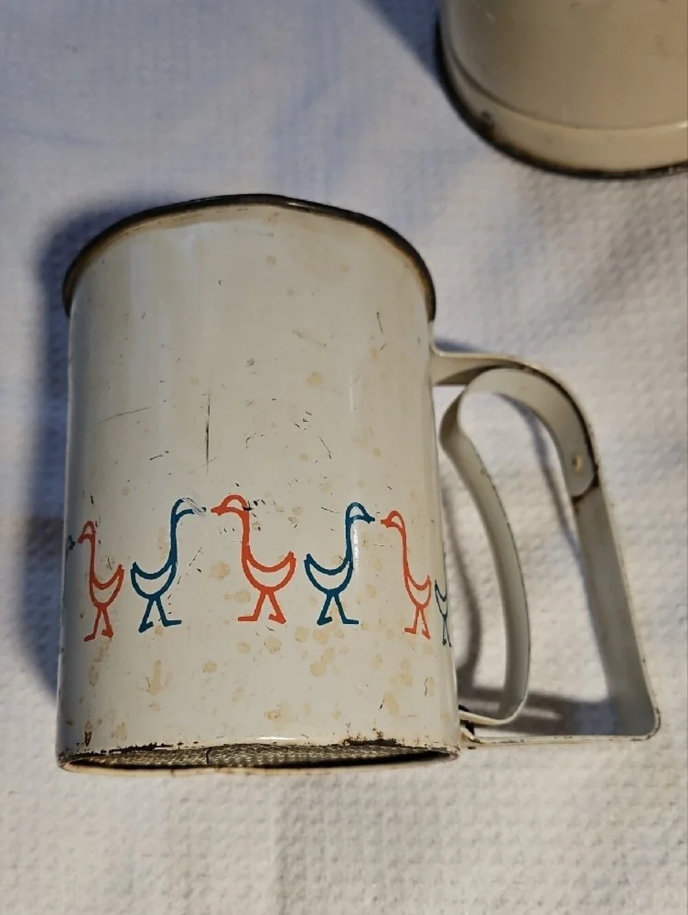 Vintage Androck Large & Small Flour Sifters with Blue & Red Bird Motif